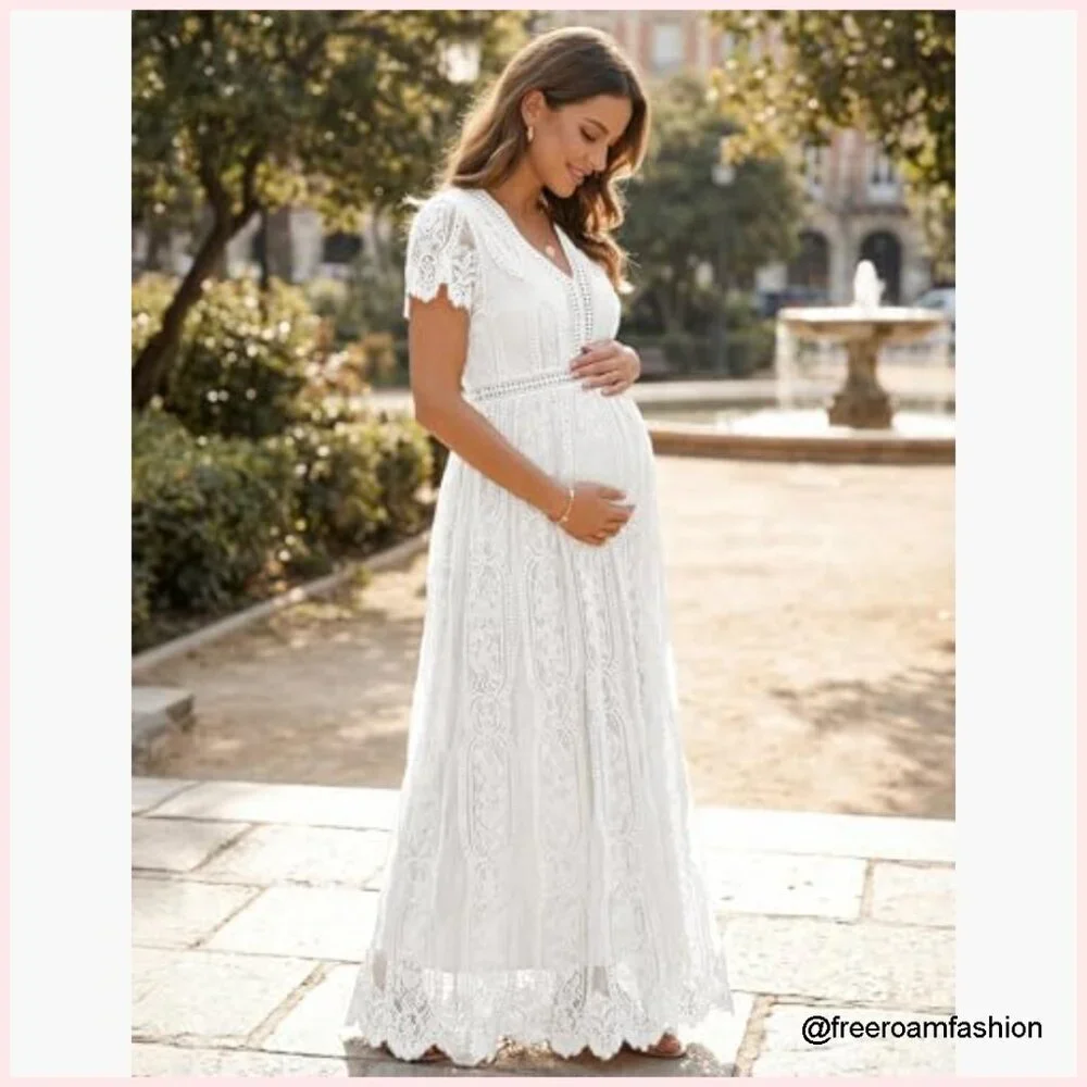 Floral Lace Maxi Dress V-Neck Short Sleeve A-Line Formal Wedding Party - Picture 6 of 7
